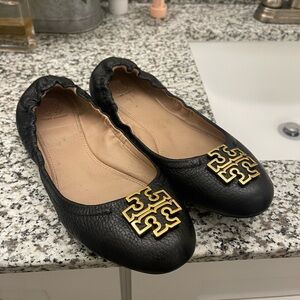 Tory Burch Black Flats with Gold Logo